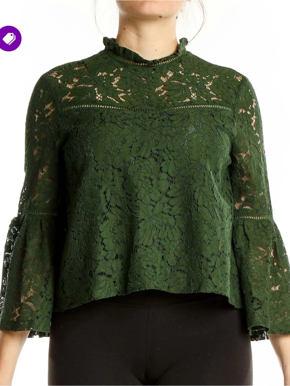 Jack by BB Dakota Dark Green Lace Bell-Sleeve Blouse